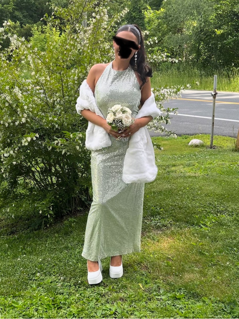 VTG 90s Rhapsody LTD Green/Silver Sequin Halter Maxi Dress Prom Wedding Size 12